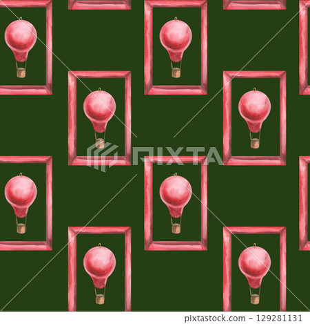 Red vintage balloons in frame,geometric Christmas festive seamless pattern on dark for packing design. Watercolor hand drawn flying balls in New year background for packing design 129281131