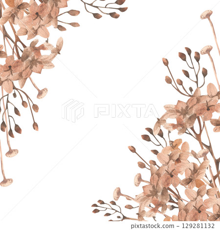 Floral romantic banner template with pink and beige flowers watercolor illustration. Hand drawn hydragea and dry field flowers frame for female card,women's day invitation,wedding design 129281132