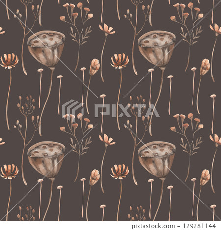 Wild filed petal flowers seamless pattern on dark for textile design. Hand drawn dry floral elements on repeated background for female romantic packing,cozy home rustic wallpaper design 129281144