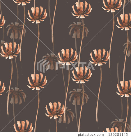 Beige dry field flowers watercolor seamless pattern on dark. Hand drawn floral background with petal romantic elements, wild fantasy chamomile clipart for girlish textile, fabric,wallpaper design Beige dry field flowers watercolor seamless pattern on dark. Hand drawn floral background with petal romantic elements, wild fantasy chamomile clipart for girlish textile, fabric,wallpaper design 129281145
