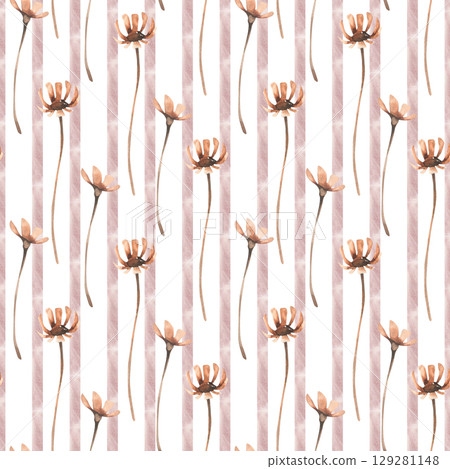 Floral watercolor seamless pattern with beige dry petal field flowers for textile design. Hand drawn romantic gentle background with petal botanical elements in pastel pink colors for fabric design 129281148