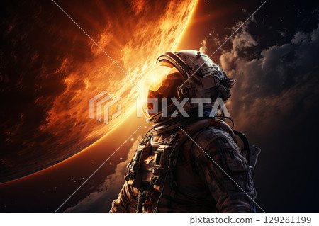 Astronaut explores the vastness of outer space against a radiant sun backdrop in ultra-realistic detail 129281199