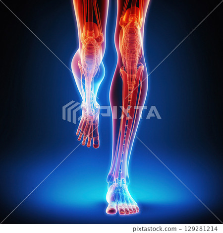 Detailed graphic representation of a man's leg showcasing muscular and skeletal systems in an anatomical display 129281214