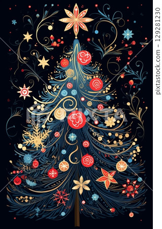 Brightly decorated Christmas tree with vibrant colors set against a modern neon geometric backdrop 129281230