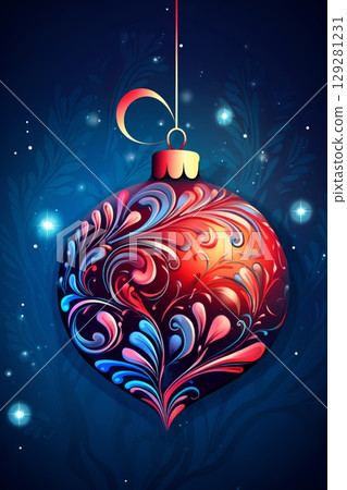 Vibrant Christmas ornament featuring intricate designs against a modern neon background 129281231