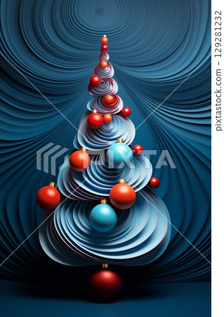 Neon geometric shapes create a vibrant backdrop for a unique Christmas tree design during the festive season 129281232