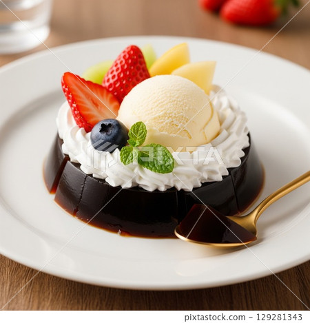Rich coffee jelly served with vanilla ice cream and fruit 129281343