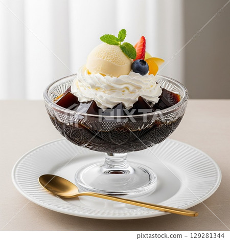 Rich coffee jelly served with vanilla ice cream and fruit Rich coffee jelly served with vanilla ice cream and fruit 129281344