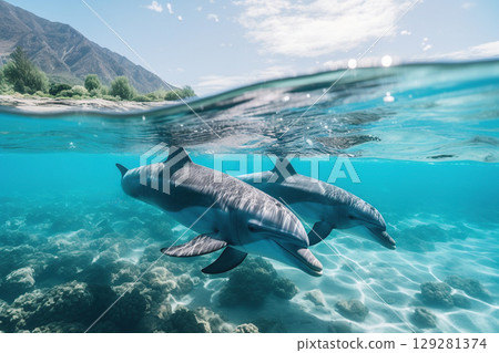 Dolphins swimming gracefully in clear blue waters near a coral reef under sunny skies Dolphins swimming gracefully in clear blue waters near a coral reef under sunny skies 129281374
