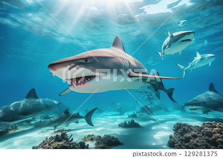 sharks swimming joyfully in clear blue waters during a sunny day in the ocean 129281375