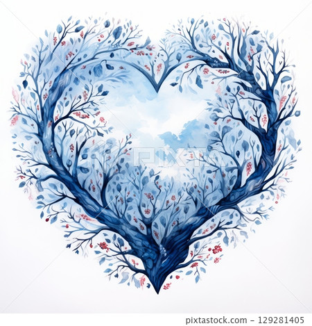 Winter heart artwork showcasing delicate blue trees and blossoms created in watercolor style highlighting seasonal beauty 129281405