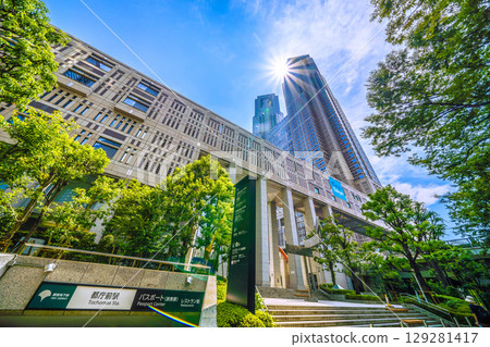 Tokyo cityscape, Japan, August 5th. Extremely hot... View of Tokyo Metropolitan Government Building and Tochomae Station... A ray of hope for a new era... 129281417