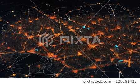 City skyline illuminated at night showcasing vibrant urban activity and intricate road networks 129281422