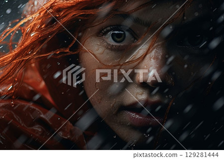 Portrait of a woman with vibrant red hair in the rain, capturing intense emotions and details of the moment Portrait of a woman with vibrant red hair in the rain, capturing intense emotions and details of the moment 129281444