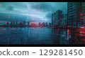 Futuristic city skyline at twilight with digital elements reflecting on the water 129281450