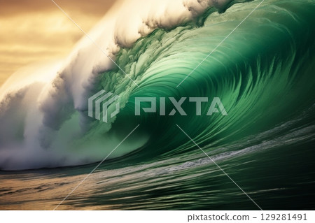 Majestic rolling wave forms a perfect barrel at sunset, showcasing nature's power and beauty 129281491