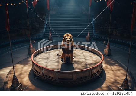 Lion performing in a circus arena from a top view with dim lights and audience seats in the background 129281494