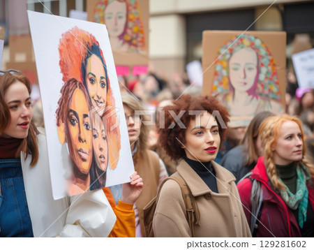 Activists holding posters during a rally for social justice in a city center on a sunny day, advocating for equality and change. Generative AI 129281602