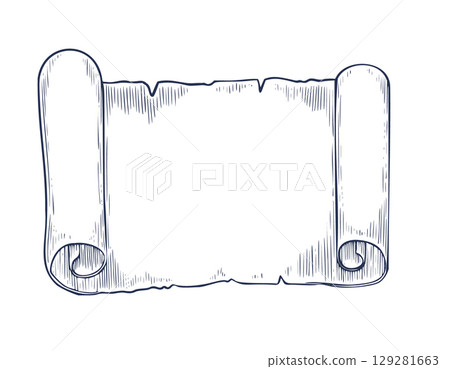 Vector illustration of blank Scroll with curled edges in vintage engraving style. Linear drawing for pirate maps or historical design. Etched art of empty sheet of paper painted by inks. 129281663