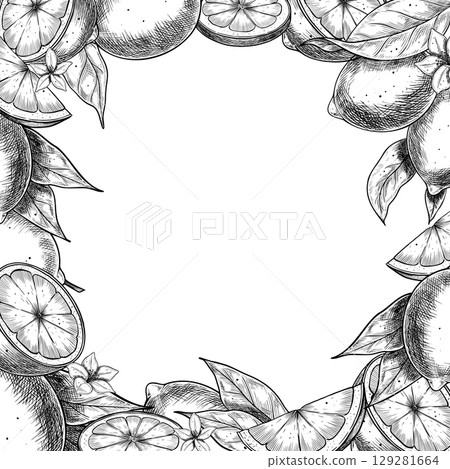Vector illustration of Lemon frame with fruits, slices, blossoms and leaves. Engraved black ink composition of Border with Limes. Linear drawing for branding, packaging or invitations. 129281664
