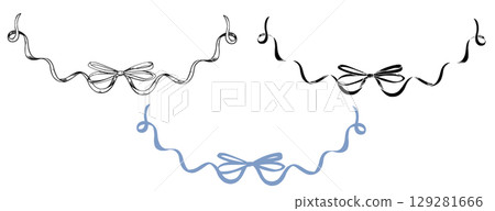 Vector illustration of Ribbon Border with Bow. Linear drawing of party element for baby shower greeting cards or birthday invitations in pastel blue and black colors. Silhouette for holiday decor. Vector illustration of Ribbon Border with Bow. Linear drawing of party element for baby shower greeting cards or birthday invitations in pastel blue and black colors. Silhouette for holiday decor. 129281666