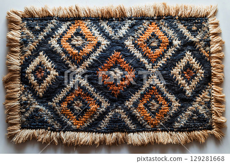 Handwoven rug texture with geometric print on a white background. Top view. 129281668