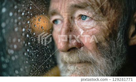 Elderly man gazing thoughtfully out of a rain-soaked window, reflecting deep emotions and life experiences in a poignant moment of solitude 129281771