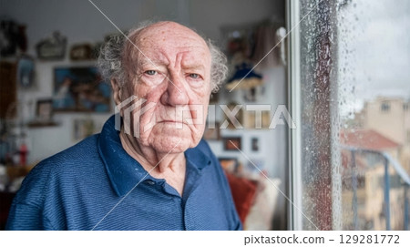 Elderly man gazing thoughtfully out of a rain-streaked window, surrounded by personal memorabilia, reflecting on memories and life experiences 129281772