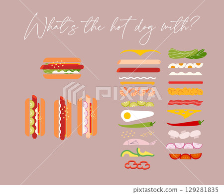 Hot dog and its ingredient set beige 129281835