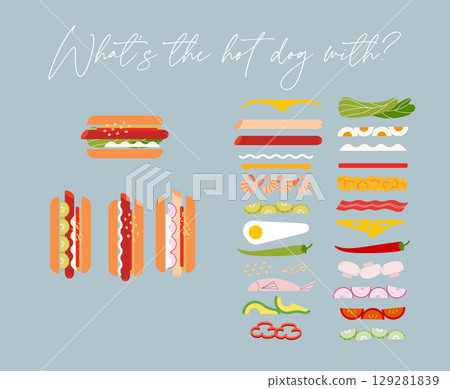 Hot dog and its ingredient set light blue Hot dog and its ingredient set light blue 129281839