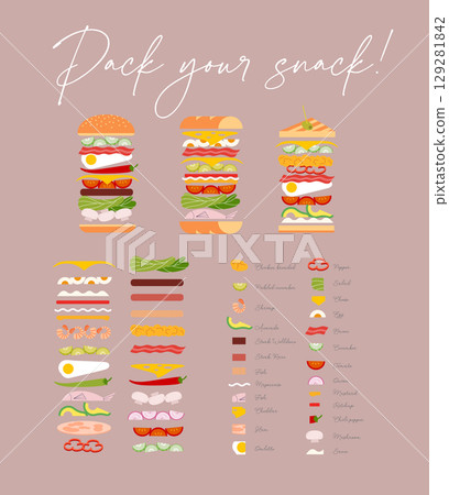 Sandwich and burger with ingredient set beige 129281842