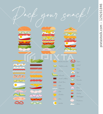 Sandwich and burger with ingredient set light blue 129281846