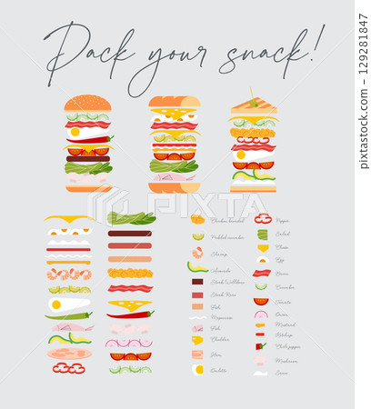 Sandwich and burger with ingredient set 129281847