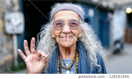 Elderly woman with long gray hair and glasses is smiling and making an okay gesture, showcasing a joyful and positive attitude in a vibrant setting 129281848