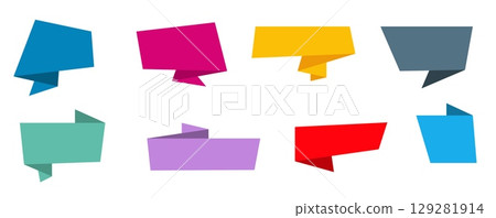 Set of colorful paper origami speech bubbles in flat style, ideal for text highlights, promotional tags, web banners, and modern graphic designs. Vector labels with space for custom messages. 129281914