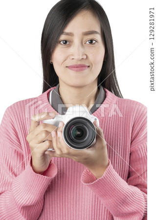 Woman Holding White DSLR Camera Close-Up (Isolated) Woman Holding White DSLR Camera Close-Up (Isolated) 129281971