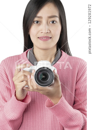 Woman Holding White DSLR Camera Close-Up (Isolated) Woman Holding White DSLR Camera Close-Up (Isolated) 129281972