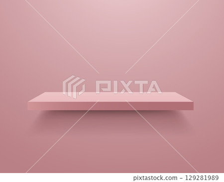 Minimal pink shelf mockup on soft pink background, clean 3D render ideal for product presentation, branding, or cosmetic design 129281989