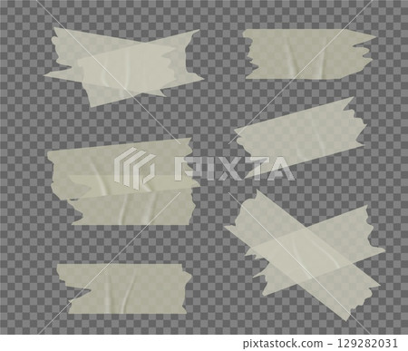 Set of realistic torn adhesive tape pieces in various shapes. Transparent, masking, duct, and sticky strips for notes, decoration, or photo overlay. Isolated vector design. 129282031