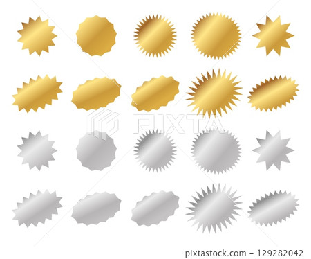 Set of shiny gold and silver sunburst badges in round shape with metallic gradient isolated on white background perfect for awards and certificate designs. 129282042
