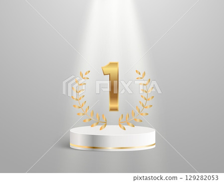 Golden winner pedestal with number one, laurel wreath and ribbon on gray background. Ideal for award posters and banners Golden winner pedestal with number one, laurel wreath and ribbon on gray background. Ideal for award posters and banners 129282053