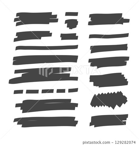 Set of black highlight marker strokes and ink smears. Hand-drawn vector brush lines, scribbles, and textures. Isolated on white for text highlight or grunge design. Set of black highlight marker strokes and ink smears. Hand-drawn vector brush lines, scribbles, and textures. Isolated on white for text highlight or grunge design. 129282074