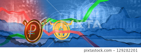 groceries price growth in rub. food shortage and crisis in russia. 3D illustration of bullish market trend. expensive cost of living 129282201