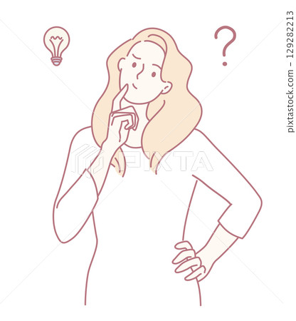 A contemplative woman appears deep in thought, visualizing her innovative light bulb idea 129282213