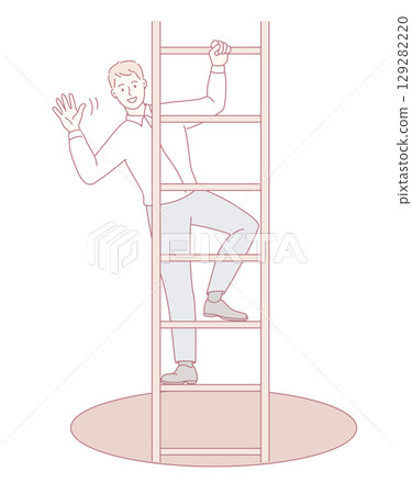 A person is climbing a ladder while cheerfully waving, symbolizing their achievements and progress 129282220