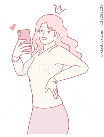 A confident young woman takes a selfie with her smartphone, showing her vibrant personality A confident young woman takes a selfie with her smartphone, showing her vibrant personality 129282229