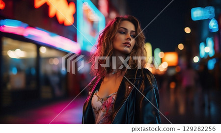 Beautiful woman looking away on a vibrant city street at night with colorful neon lights illuminating the surroundings 129282256