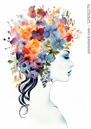 Spring bouquet of colorful flowers arranged beautifully on the head of a woman with flowing hair in a serene artistic style 129282274