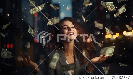 Woman with money falling from her hair 129282287