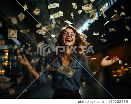 Woman in blue shirt throwing money Woman in blue shirt throwing money 129282289